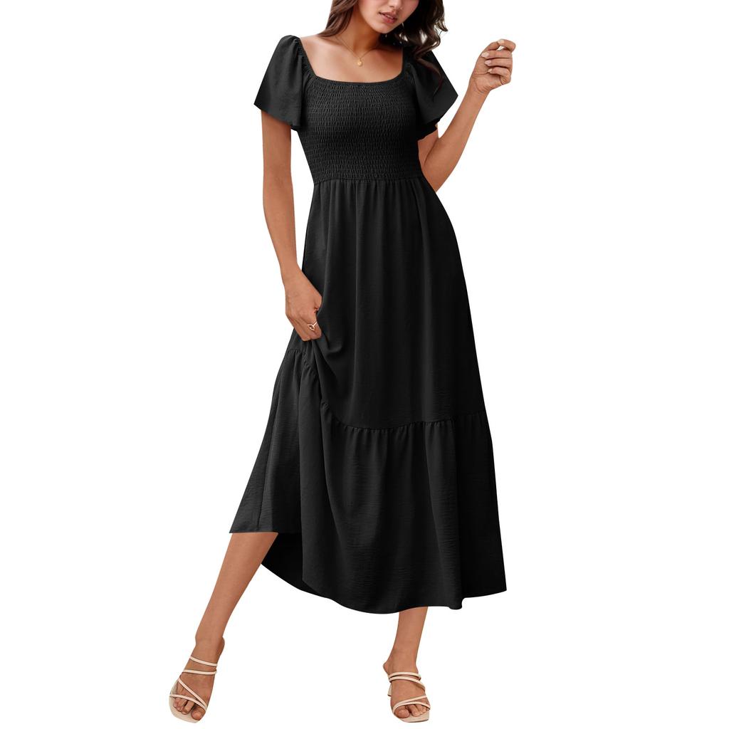 Abito Maxi Casual da Donna alla Moda Scollo Quadrato Maniche a Campana Abito con Volant e Tasche