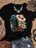Women' S Cowboy Boots Flower Print Black TShirt Crew Neck Casual Tee