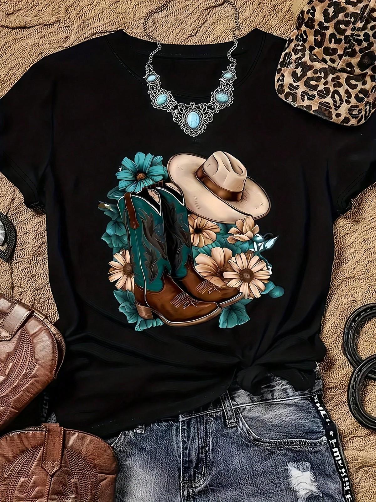 Women  S Cowboy Boots Flower Print Black TShirt Crew Neck Casual Tee S