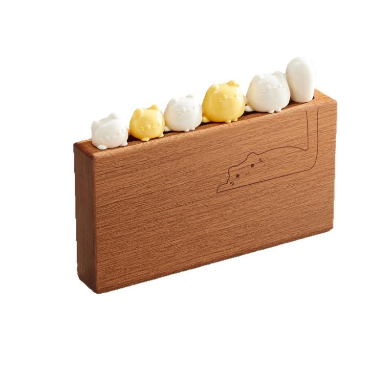 6 PCS Cute Cat Fruit Forks Stainless Steel Picks Mini Dessert Forks with Wooden Storage Holder for Household Table Setting B