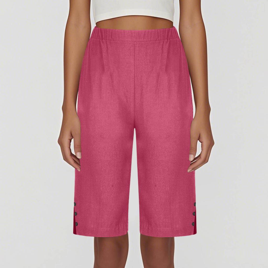 Dámské módní volné bavlněno-lněné směsové kalhoty s kapsami a elastickým pasem - Krátké šortky