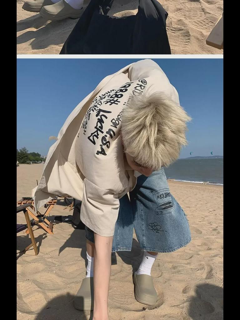 Men's American Retro Graffiti Oversized Denim Shorts - Trendy, Loose Fit, 7-Point Style for Summer