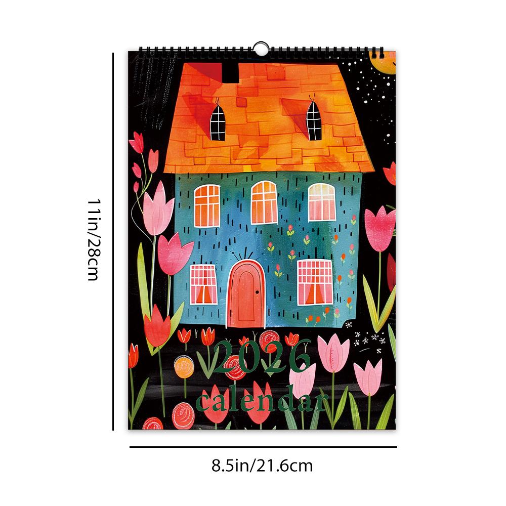 

1 шт. Настенный календарь 2026, Дизайн растений в народном стиле, Красочные цветочные узоры, Планировщик на 12 месяцев, Идеальный подарок на дни рождения и праздники