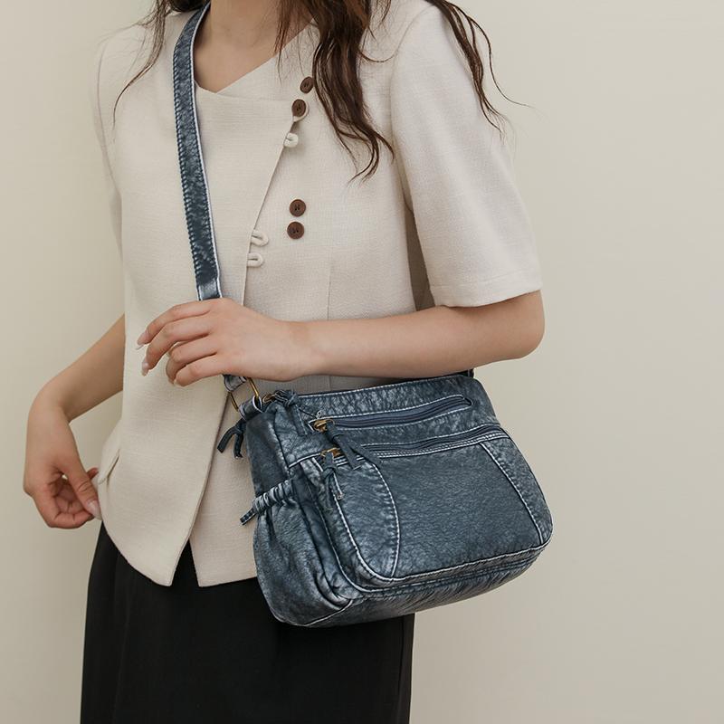 Borsa a tracolla vintage blu lavato per donna, borsa a spalla casual multitasche con ampia tracolla regolabile, borsa a tracolla di grande capacità
