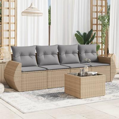 Vidaxl 5-Cz. Garden Furniture Set With Cushions, Beige, Poly Rattan