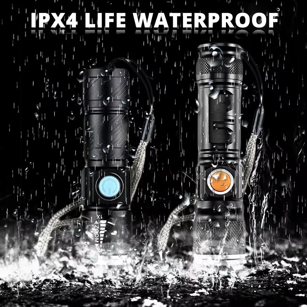 Powerful LED Flashlight With Tail USB Charging Head Zoomable Waterproof Torch Portable Light 3 Lighting Modes Built-in Battery