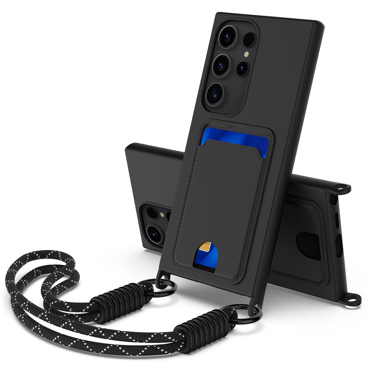 

For Samsung Galaxy S23 Ultra Liquid Silicone Case Phone Back Cover with Card Holder and Short Strap Black