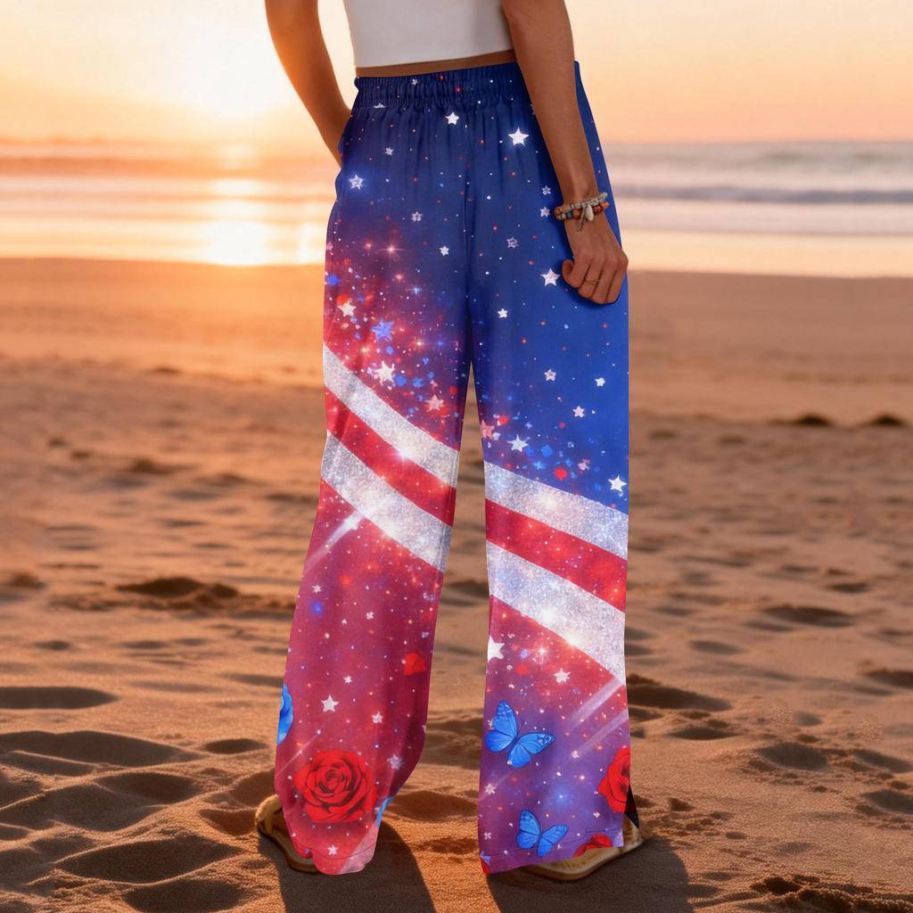 Dámské letní boho palazzo kalhoty s vysokým pasem a širokými nohavicemi, tisk, ležérní kalhoty s kapsami