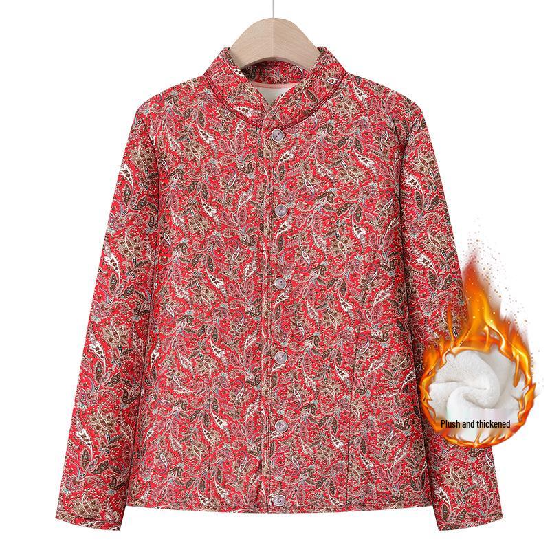 Grandma's Winter Floral Cotton Jacket with Velvet Lining - Warm, Thickened, Small Size for Elderly Women