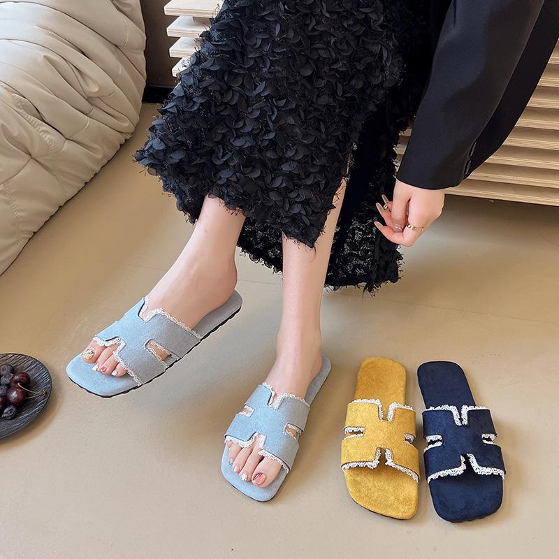 2025 zomer trendy imitatieleer platte zool one-word slippers damesmode veelzijdig casual spijkerstof coole slippers