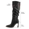 Pointed Toe High Heel Pleated Fashion Boots Women'S Plus Size 35-42 Leather Black Stiletto Boots Elegant Knee High Botas Mujer