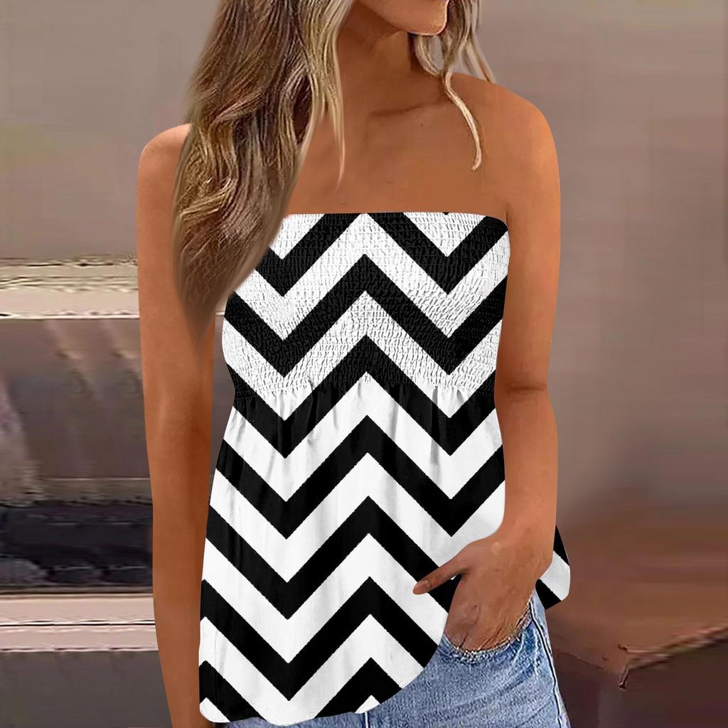 2024 Tube Tops For Women,Cute Sexy Off Shoulder Striped Print Sleeveless T-Shirt