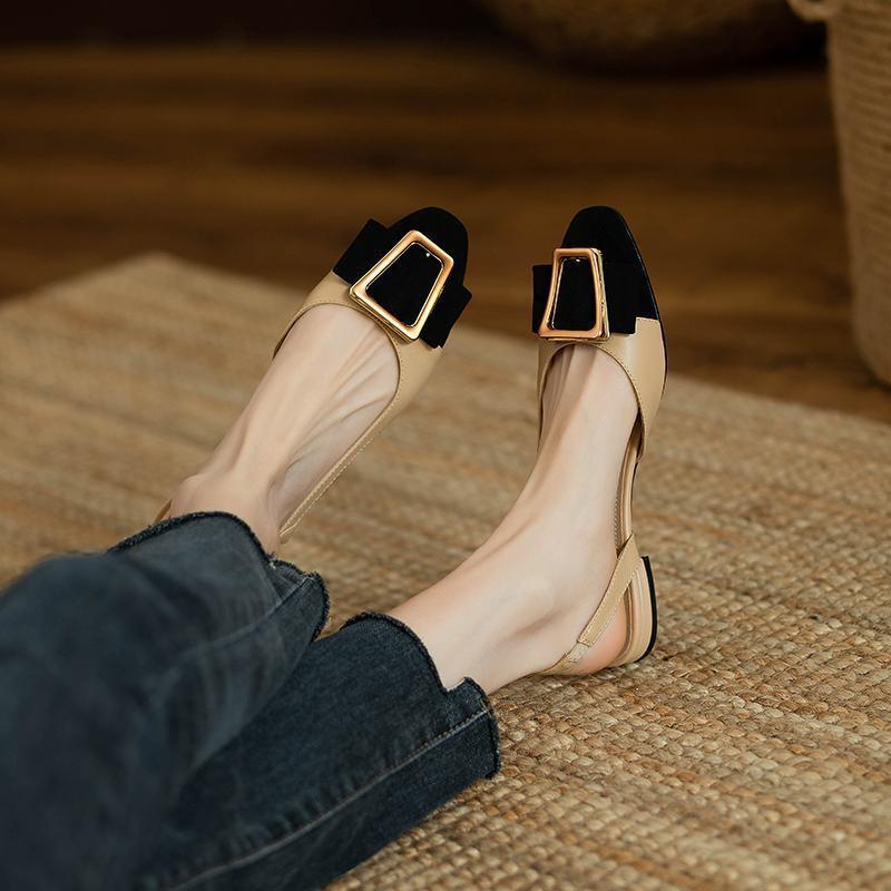 Xiaoxiangfeng Baotou Sandals Women's 2025 New Fashion Foreign Style with Skirt Low Heel Flat Shoes Metal Buckle Single Shoes Women