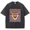 Vintage Womens Acid Wash T-Shirts Leopard Cartoons Printing