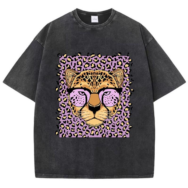 Vintage Womens Acid Wash T-Shirts Leopard Cartoons Printing