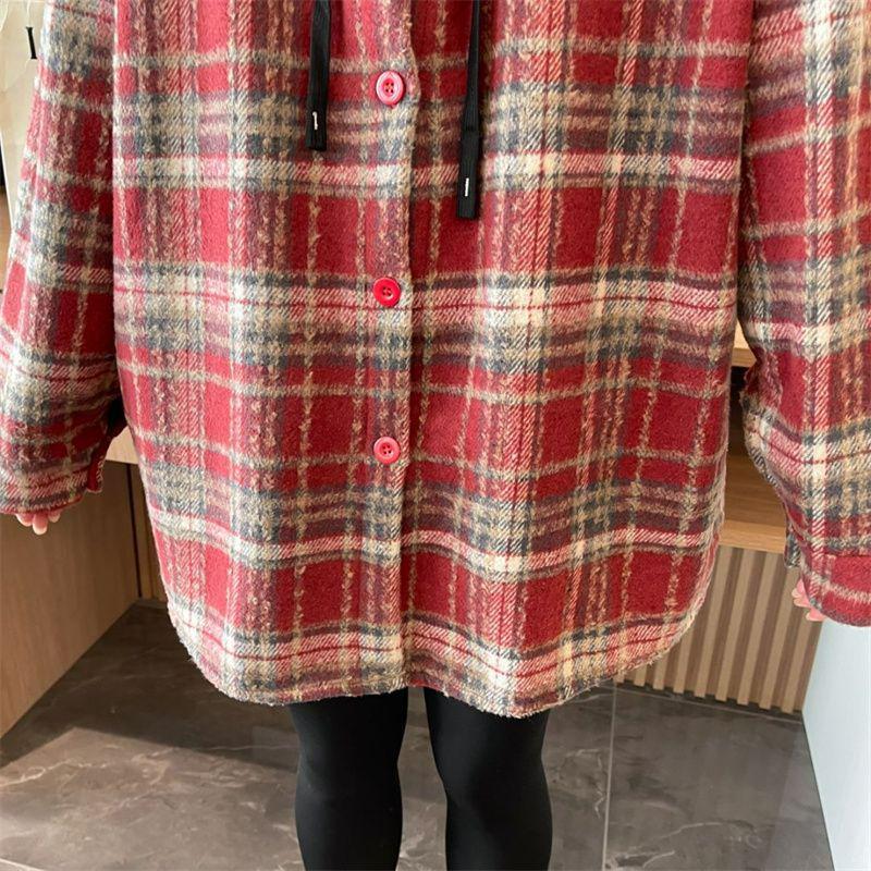 Women's Retro Plaid Hooded Shirt Jacket, Winter 2025, Plus Velvet, Thick, Mid-Length, Cozy Style, Age-Defying