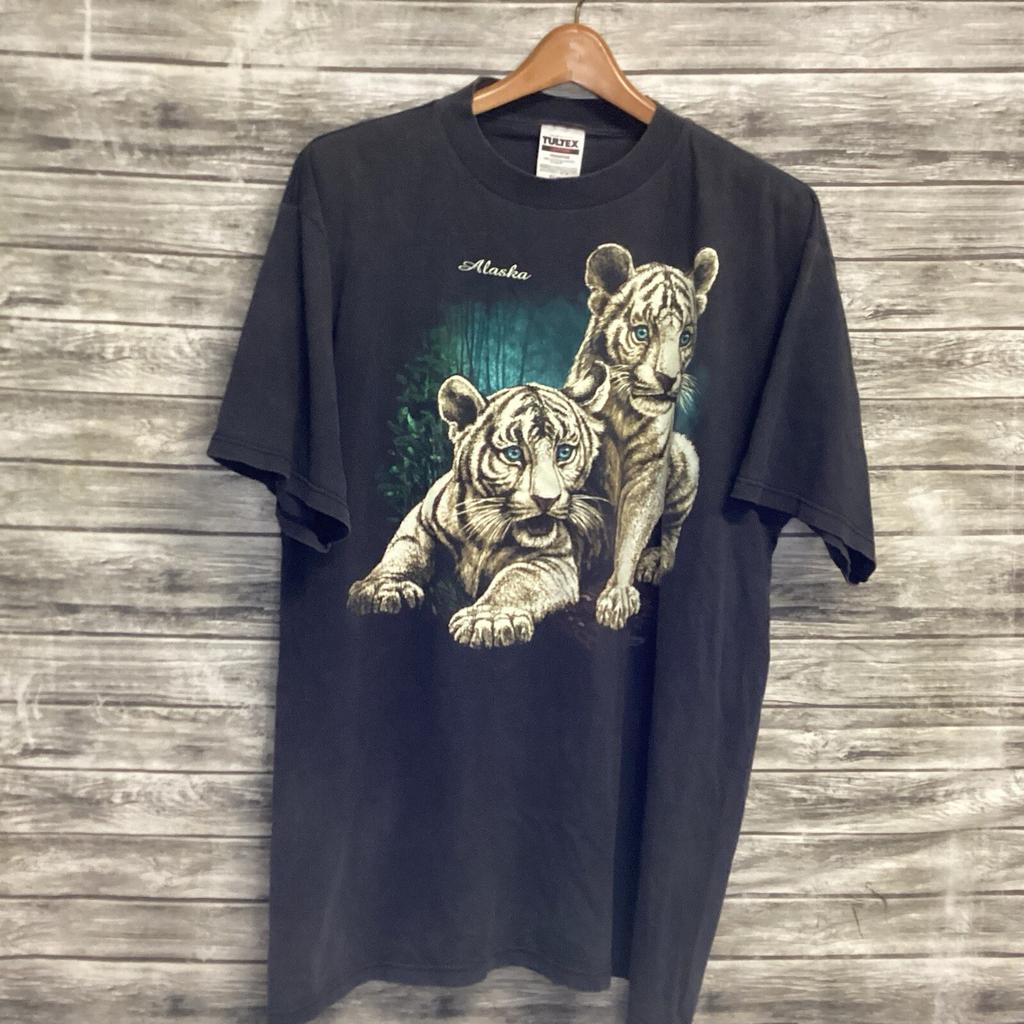 Vintage Alaska Shirt Mens XL Black TULTEX Snow Tiger Graphic Nature Tee 90s Unisex T-Shirt