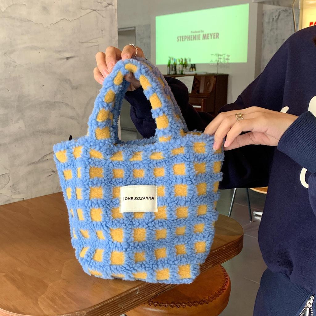 Jesienno-zimowa gofra z włosia jagnięcego Śliczna podręczna torba z grubej bawełny Damska przenośna torebka o dużej pojemności