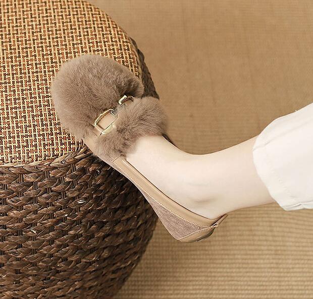 

Модный бренд Металлическая цепочка Пушистый мех кролика Балетки Женская плюшевая хлопковая обувь Зимние мокасины босиком Женские уютные меховые лоферы слипоны 5 хаки