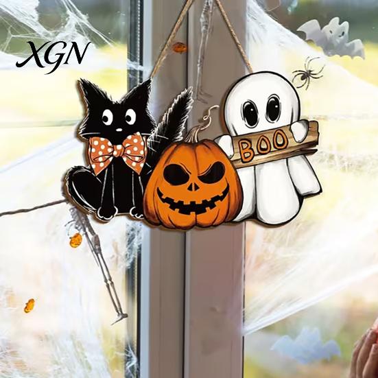 Halloween Party Supplies Wooden Door Sign, Pumpkin Ghost Boo Black Cat Welcome Funny Hanger Sign for Trick or Treat Indoor Outdoor Porch Wall Hanging