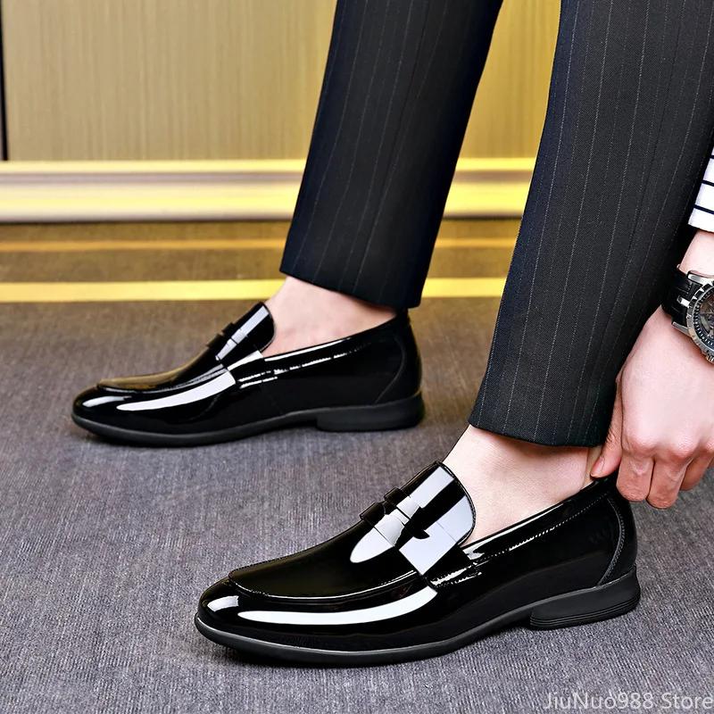 New Shoes for Men Genuine Leather Casual Shoes Spring Gentleman Patent Leather Business Dress Shoes Cool Black Slip-on Loafers