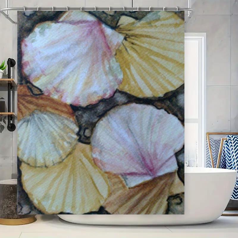 

Hand-Painted Shell Bath Curtain Decorative Shower Curtain Waterproof Fabric White Pink Yellow Design For Bathroom W60H190(CM)-1 Pcs