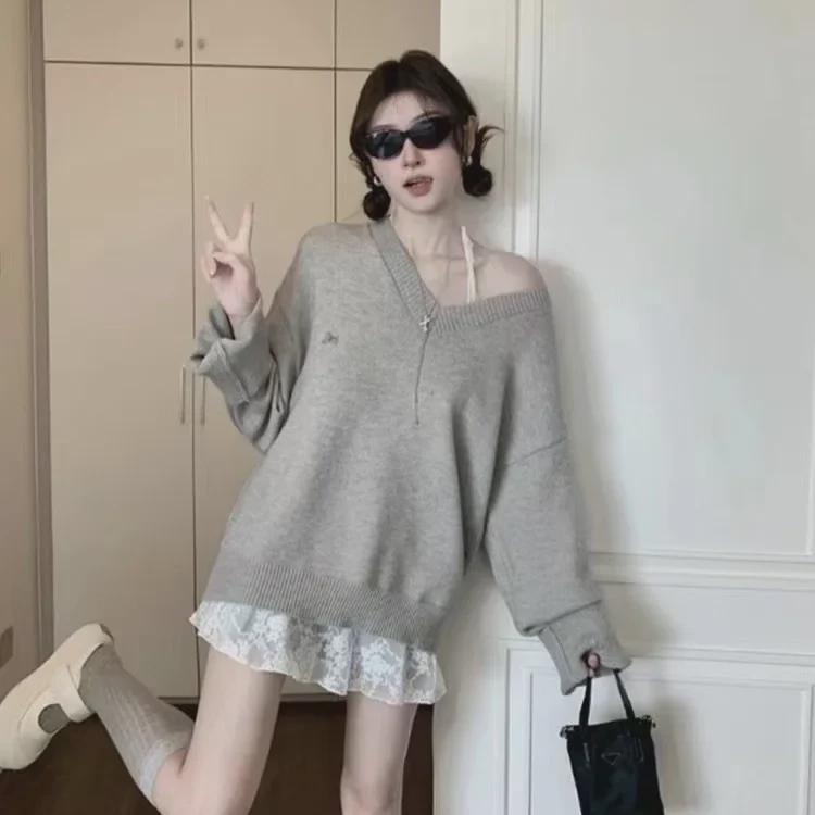 "Damen Frühherbst Roter V-Ausschnitt Koreanischer Baumwolle Kaschmir Locker Gestrickter Pullover"