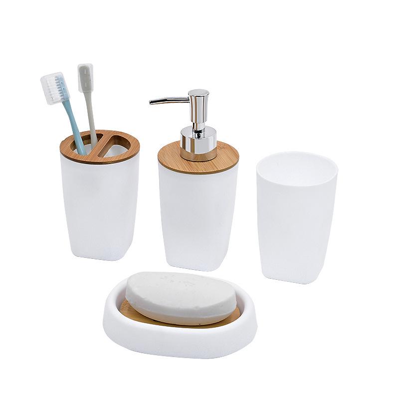4-Piece Bamboo Bathroom Set: Liquid Soap Dispenser and Cup for Creative Hotel Washbasin