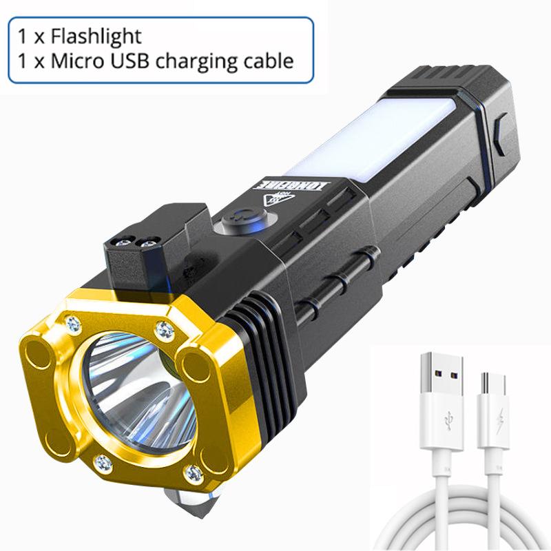 Led Flashlight with Safety Hammer Work Light Emergency Self-Rescue Broken Window Torch USB Rechargeable Tactical Light Lantern