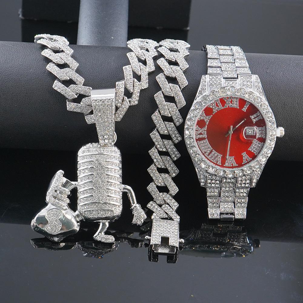Hot Selling Cartoon Microphone, Money Bag Pendant, Diamond Cuban Chain Necklace, Bracelet, Men's Watch Set in Europe and America