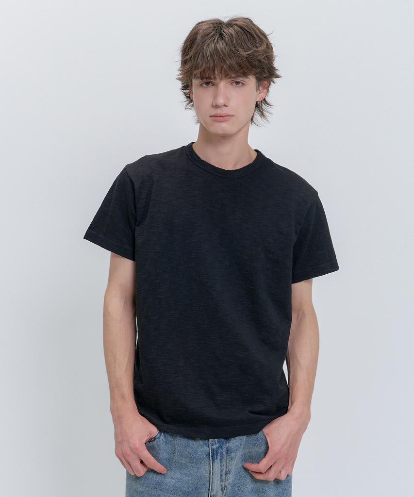 PSSHOPPER Semi-Crop Slub Vintage Short Sleeve T-Shirt [Black]