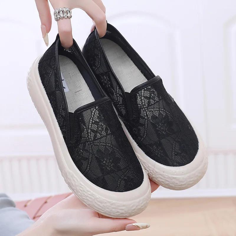 Fashion 2025 Summer Xiaoxiangfeng Fisherman Soft-soled Shoes Non-slip Women's Lace Mesh One-pedal Platform Mesh Shoes
