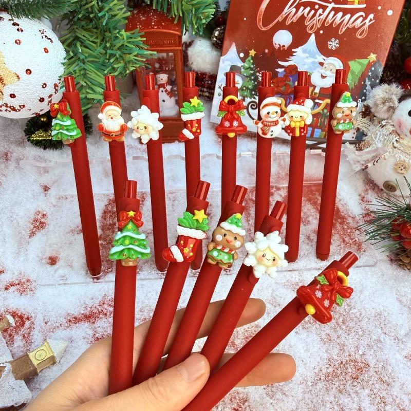 10Pcs Christmas Snowman Patch-Themed Retractable Ballpoint Pens - Red Soft Grip Pens with Random Christmas Designs, Fine Point, Ideal for Students and