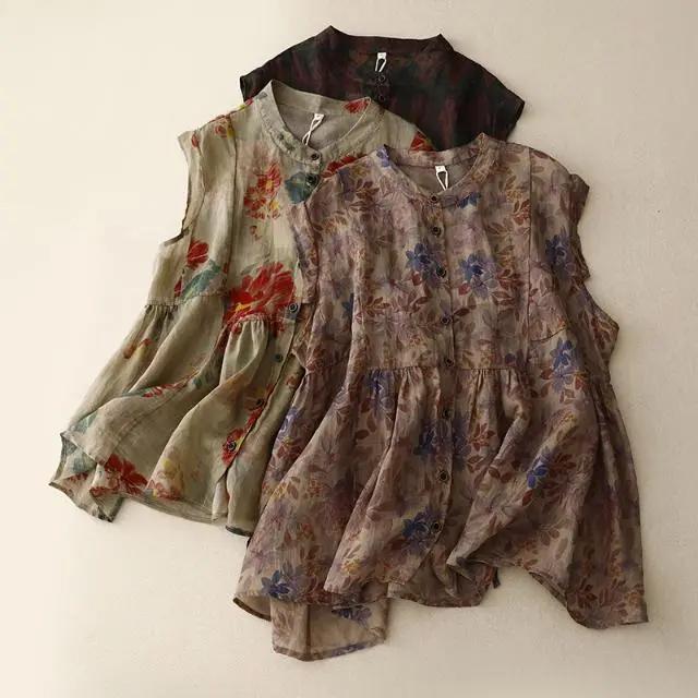 Sleeveless Vest Floral Printing Vintage Linen O-Neck Single Breasted Women's Blouse Shirt Female Clothing Tops