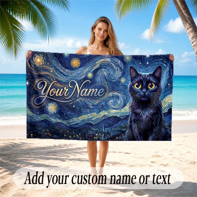 Cat Theme Soft Beach Towel Personalized Custom Name Text Towel Portable for Beach Pool Travel