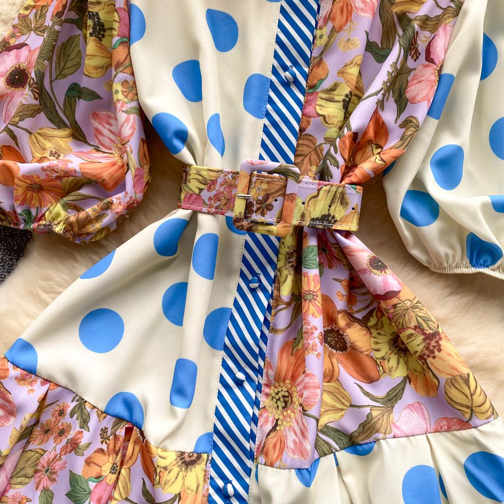 Summer Elegant Midi Patchwork Dress for Women Lapel 3/4 Sleeve Wave Point Breasted Female Design Vestidos New In 2024 Chic