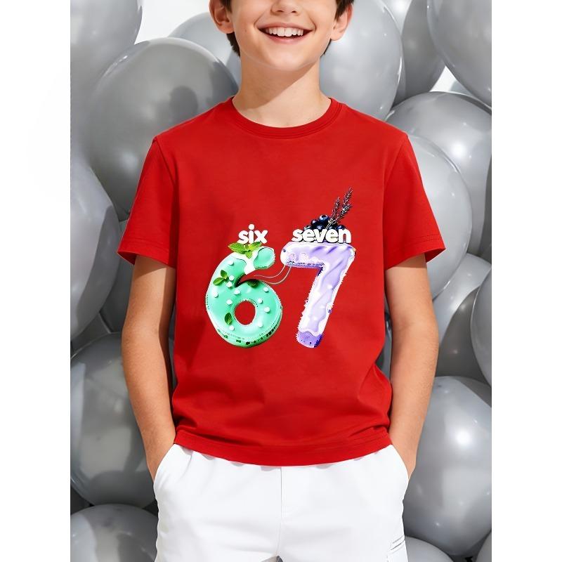 European sizes Mint Blueberry Cake "67" Letter/Cartoon Print, Clothing Short-Sleeved T-Shirt, Casual Style for Boys, Suitable for Outdoor Activities