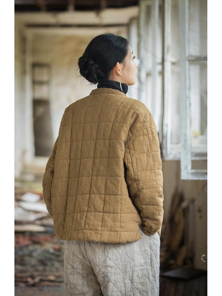 Women's New Style Winter Quilted Plaid Cotton Jacket: Fashionable Literary Short Ramie Coat