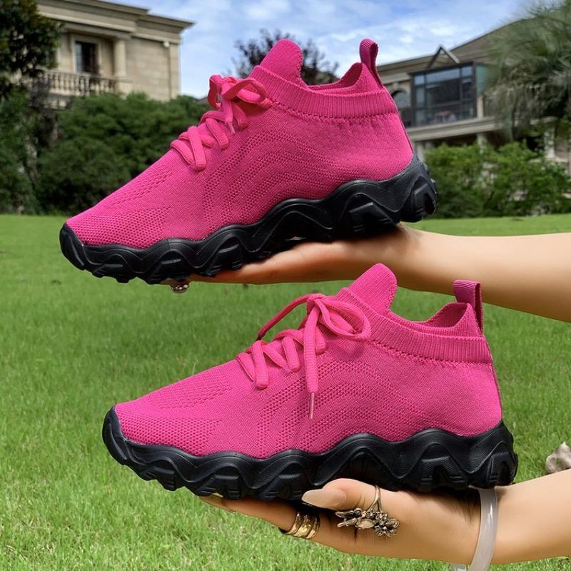 Spring and Autumn Casual Soft Sole Sneakers Round Toe Knitted Mesh Breathable Front Lace-up Sock Shoes for Lazy Women