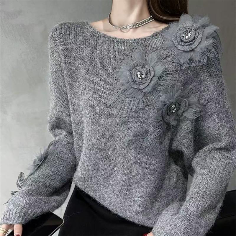 Women's 3D Floral Knit Sweater - Round Neck, Soft Long Sleeve Pullover for Autumn & Winter