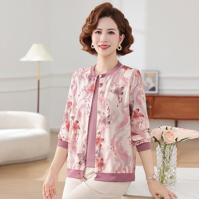 

2026 Early Spring Printed Knitwear Two-Piece Set: Round Neck Cardigan Top for Women 60+, Loose Fit. 3XL [Recommended 120-135 jin]
