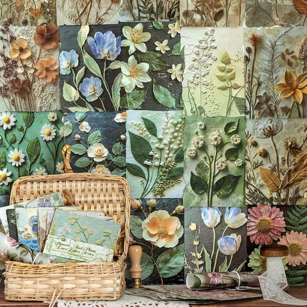 23PCS Paper Texture Paper Floral Relief Scrapbooking Decorative Paper Vintage Reliefs Paper Ita Bag
