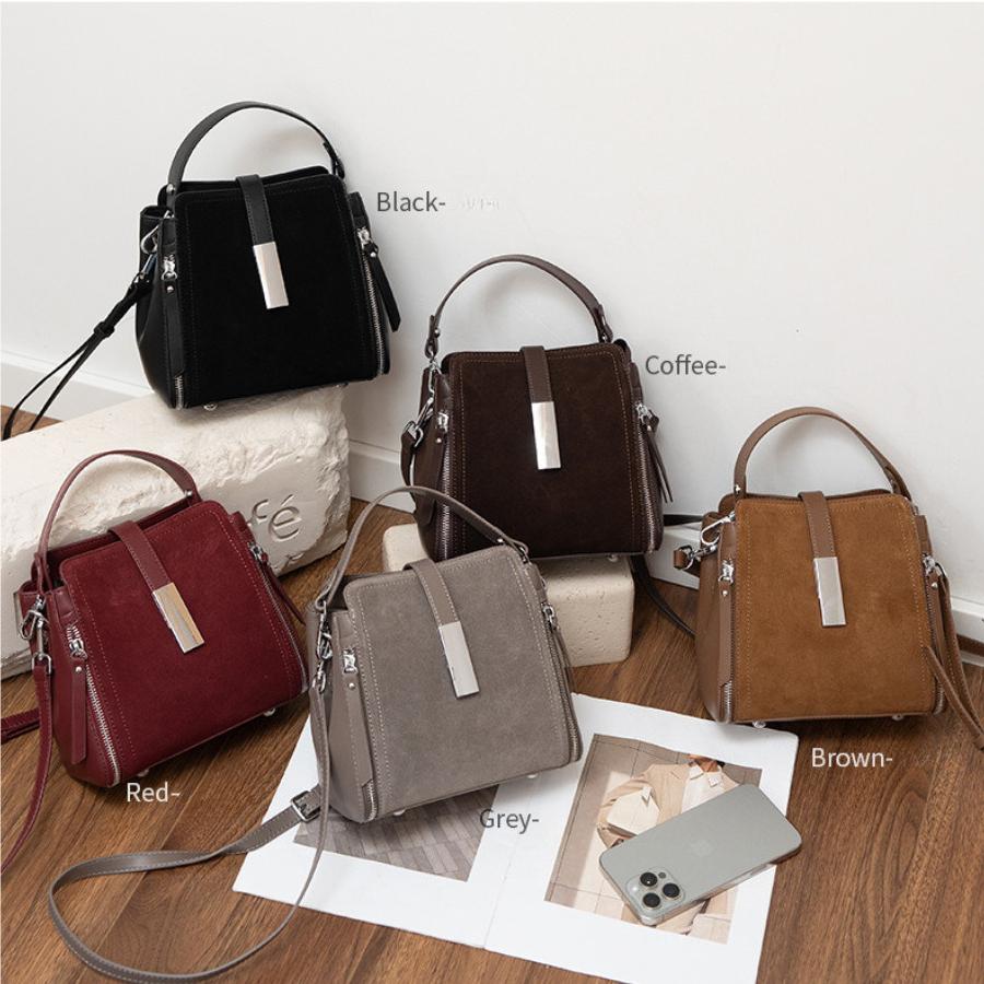 Genuine Leather Bucket Bag for Women, Suede Cowhide Crossbody Purse, Vintage Soft Textured Tote, Luxury Shoulder Handbag, Multiple Colors