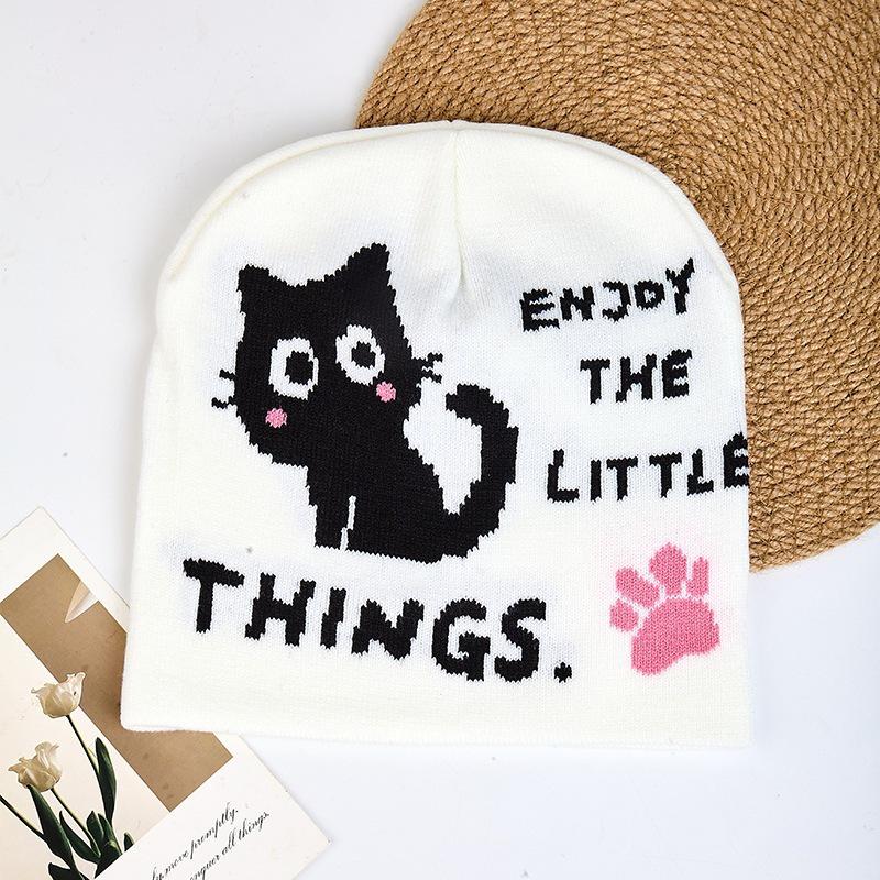 European & American Trend Jacquard Knit Hat - Cute Cat Cartoon Wool Beanie, Simple & Versatile Design
