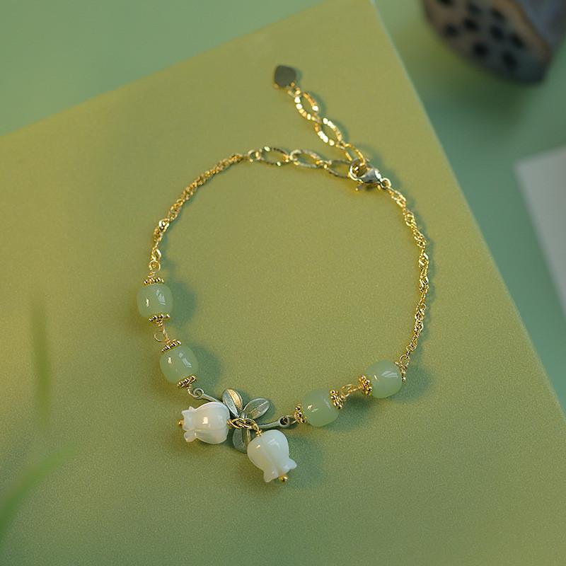 IFME Crystal Flower Leaf Bracelets for Women Fashion Lily of The Valley Pendant Beads Bracelet Accessories Jewelry