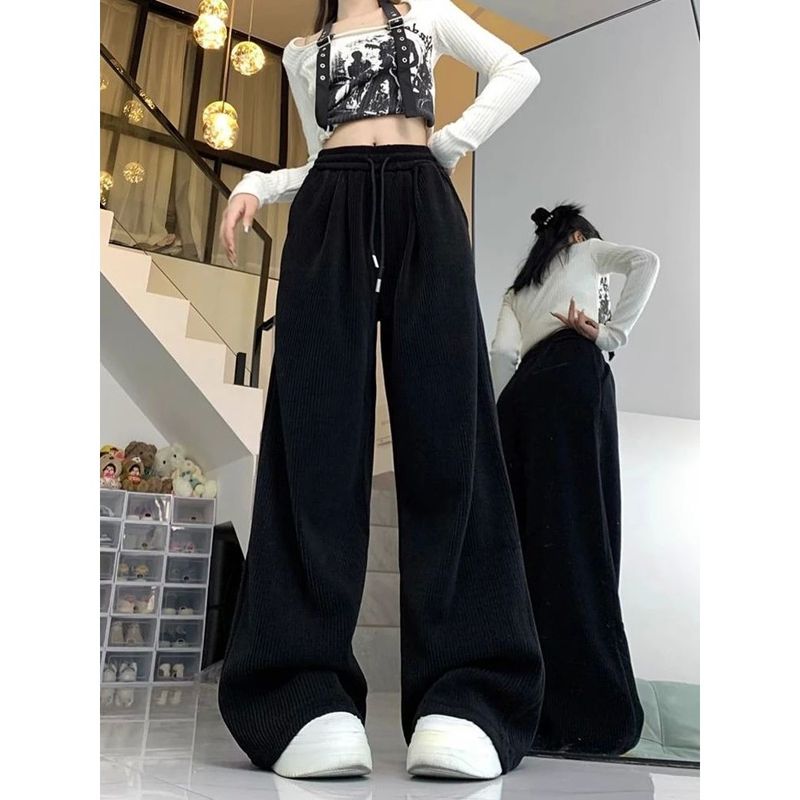 

Casual Floor-Length Wide-Leg Pants Casual All-matching Loose Mopping Pants Black 2XL