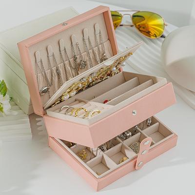 Skórzany Organizer na Biżuterię Różowy Naszyjnik Kolczyki 5-warstwowe Luksusowe Pudełko na Biżuterię Kobiety Duża Pojemność Ekspozycyjna Wielofunkcyjna Gablota do Przechowywania Ozdób