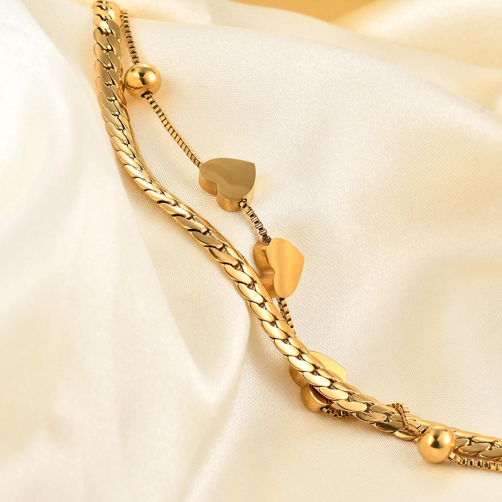8MM Smooth Surface Heart 18K Gold Stainless Steel Double Layer Bracelet, Laser Engravable