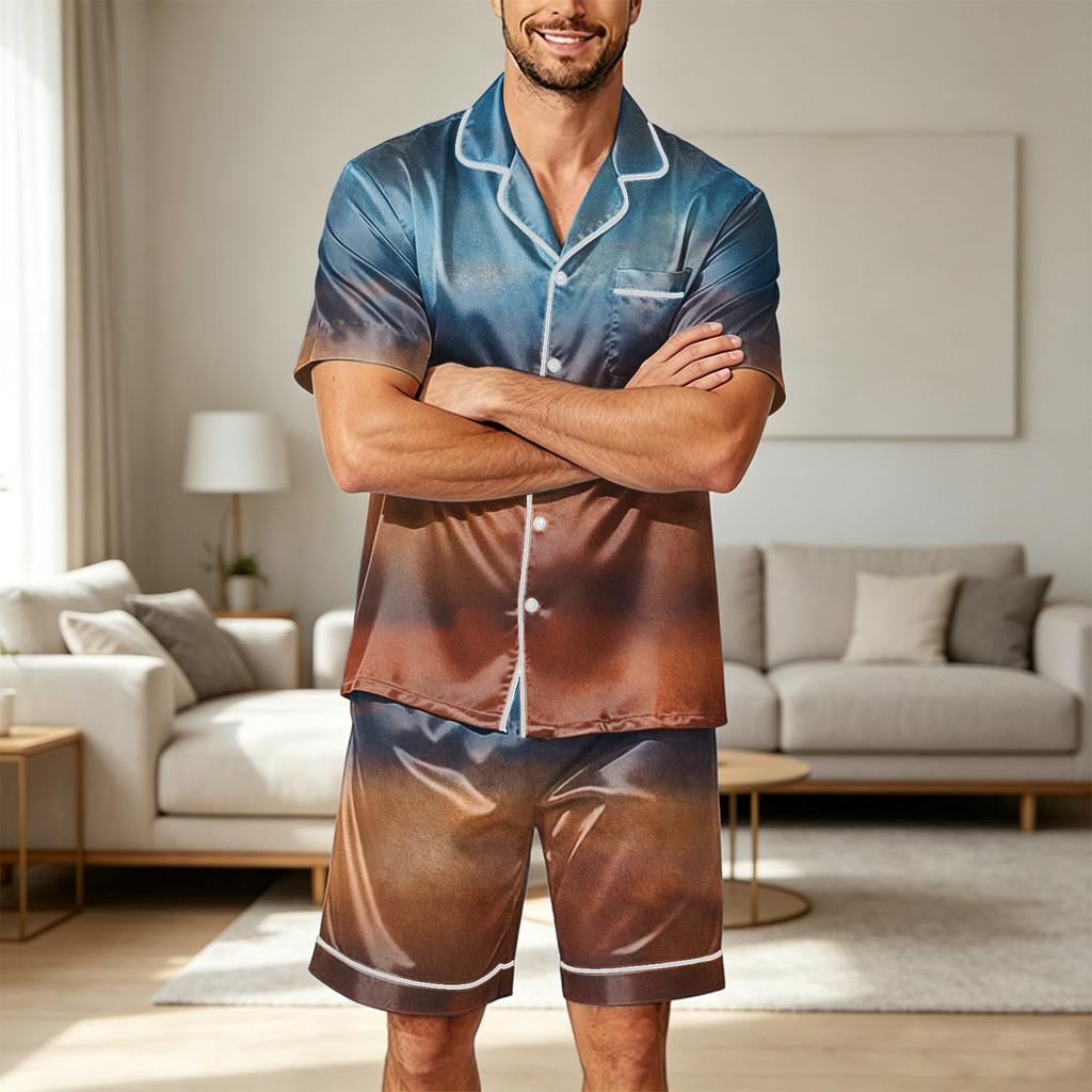 Men Satin Short Sleeve Pajama Set Two Piece Sleepwear with Shorts and Pockets Lightweight Comfortable Lounge Wear
