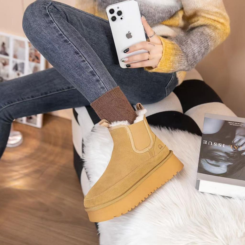 European station 2025 winter leather heightened platform snow boots women's versatile casual sheepskin fur integrated thermal cotton shoes